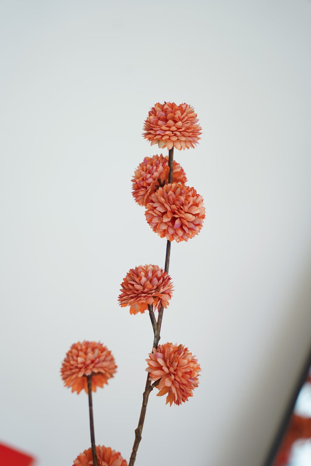 Detail van kleine roestkleurige zijden bolbloemen aan donkere vertakte stelen in boeket Fuego van Fan of Flowers.